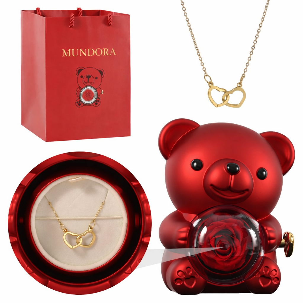 Collar de Corazón Grabado con Caja de Regalo de Oso y Rosa Real
