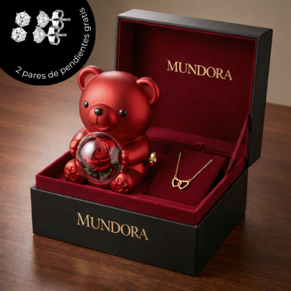 Collar de Corazón Grabado con Caja de Regalo de Oso y Rosa Real