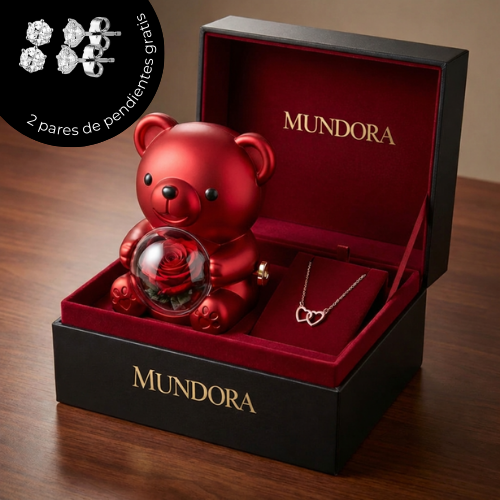 Collar de Corazón Grabado con Caja de Regalo de Oso y Rosa Real