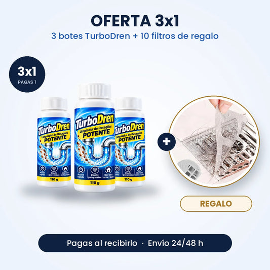 Oferta 3x1: 3 botes de TurboDren + 10 filtros atrapapelos de regalo